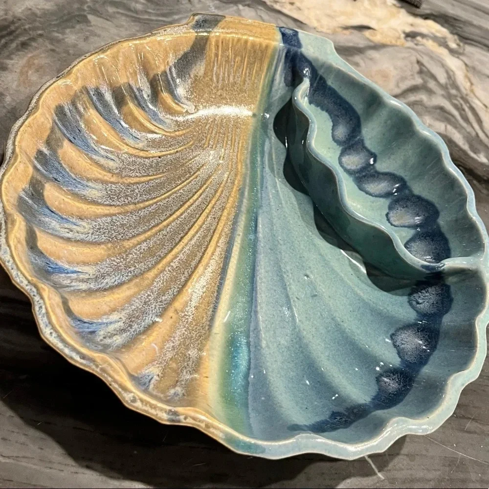 Palms Up Blue Shell Form Divided Dish Handmade